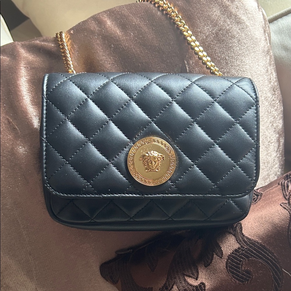 Versace Black Quilted Crossbody Bag with Gold Chain